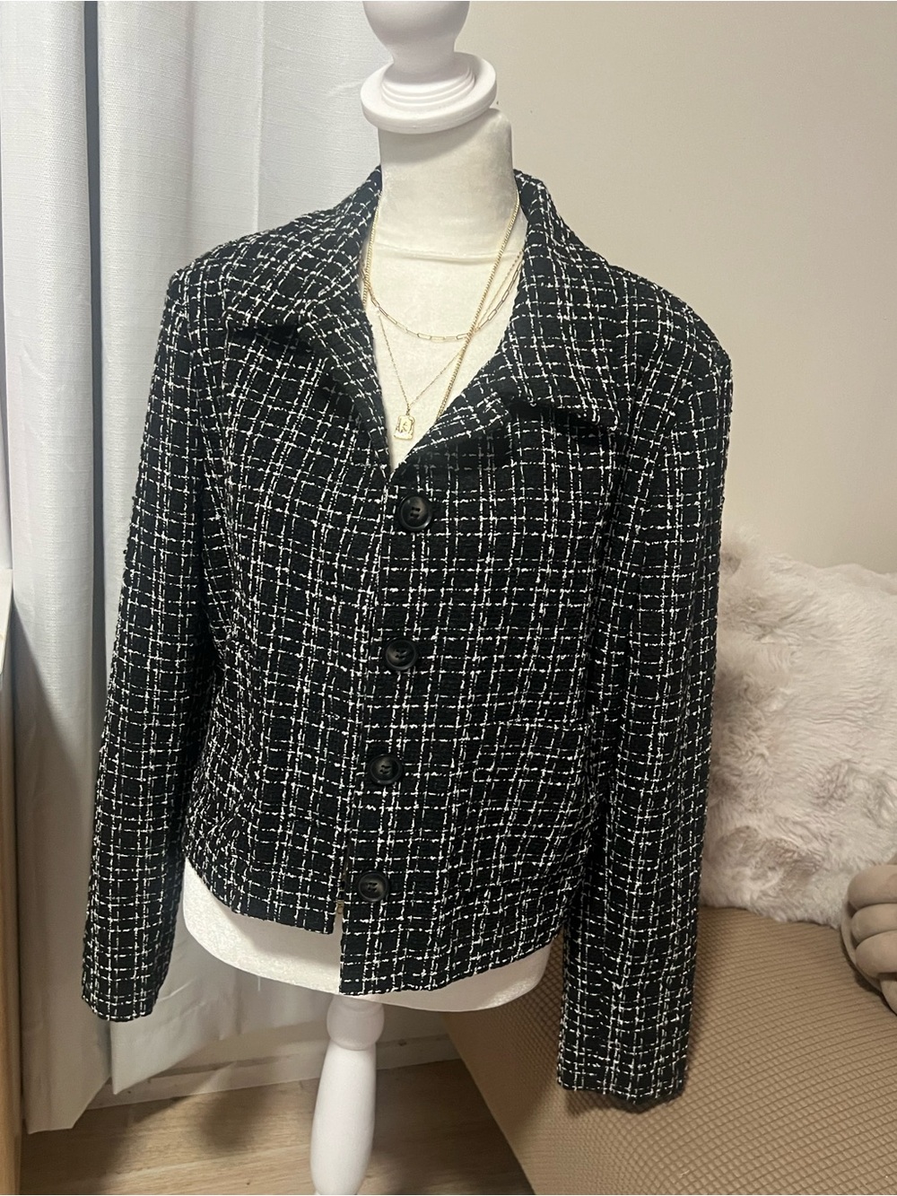 BCX Black & White Tweed Button-Front Blazer